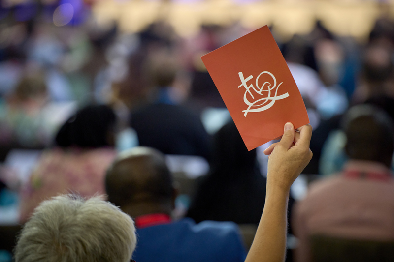 WCC 11th Assembly, Karlsruhe, Germany 2022 / Paul Jeffrey/WCC, Paul Jeffrey 7 September 2022, Karlsruhe, Germany: Sarah Bach, a delegate from The United Methodist Church in Switzerland, speaks during a plenary session of the World Council of Churches' 11th Assembly in Karlsruhe.The August 31-September 8 Assembly focuses on
